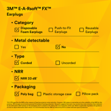 3M™ E-A-Rsoft™ FX™ Earplugs 312-1260, Corded, Poly Bag, 2000 Pair/Case