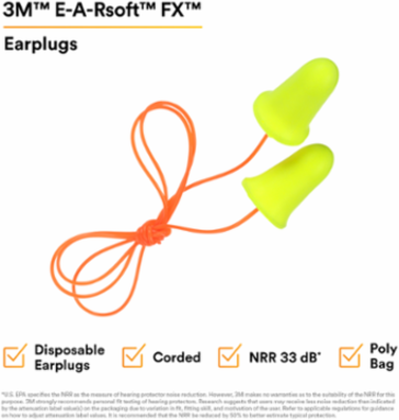 3M™ E-A-Rsoft™ FX™ Earplugs 312-1260, Corded, Poly Bag, 2000 Pair/Case