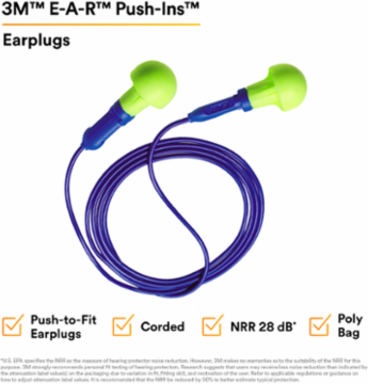 3M™ E-A-R™ Push-Ins™ Earplugs 318-1001, Corded, Poly Bag, 400 Pair/Case