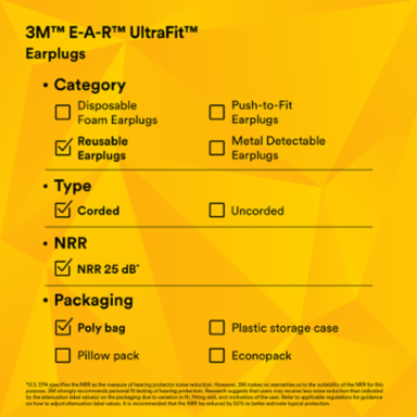 3M™ E-A-R™ UltraFit™ Earplugs 340-4004, Corded, Poly Bag, 400 Pair/Case