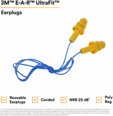 3M™ E-A-R™ UltraFit™ Earplugs 340-4004, Corded, Poly Bag, 400 Pair/Case
