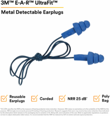 3M™ E-A-R™ UltraFit™ Earplugs 340-4007, Metal Detectable, Corded, Poly Bag, 400 Pair/Case