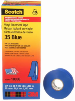 SCOTCH VINYL COLOUR CODING ELECTRICAL TAPE, 35, BLUE, 7 MIL (0.18 MM), 3/4 IN X 66 FT (19.1 MM X 20.1 M)