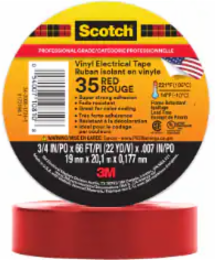 SCOTCH VINYL COLOUR CODING ELECTRICAL TAPE, 35, RED, 7 MIL (0.18 MM), 3/4 IN X 66 FT (19.1 MM X 20.1 M), PROFESSIONAL GRADE