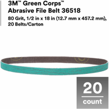 3M™ Green Corps™ Abrasive File Belt 36518, 80 Grit, 1/2 in x 18 in (12.7 mm x 457.2 mm), 20 Belts/Carton, 5 Cartons/Case