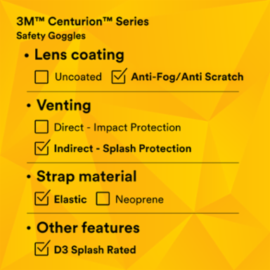 3M™ Centurion™ Safety Splash Goggle 454AF, 40305-00000-10 Clear Anti-Fog Lens 10 ea/Case