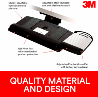 3M™ Sit/Stand Easy Adjust Keyboard Tray with Adjustable Keyboard and Mouse Platform, 23 in Track, AKT180LE