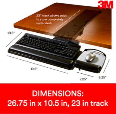 3M™ Sit/Stand Easy Adjust Keyboard Tray with Adjustable Keyboard and Mouse Platform, 23 in Track, AKT180LE