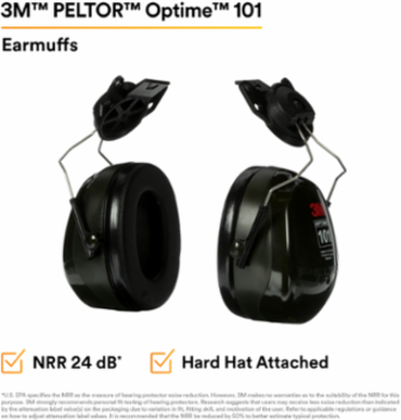 3M™ PELTOR™ Optime™ 101 Earmuffs H7P3E, Hard Hat Attached, 10 EA/Case