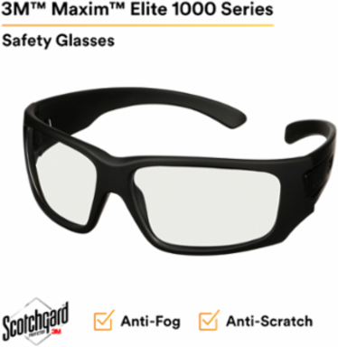 3M™ Maxim™ Elite 1000 Series, MXE1001SGAF-BLK, Black Frame, Scotchgard™ Anti-Fog Coating, Clear AF-AS Lens, 20 ea/Case