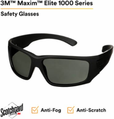 3M™ Maxim™ Elite 1000 Series, MXE1002SGAF-BLK, Black Frame, Scotchgard™ Anti-Fog Coating, Gray AF-AS Lens, 20 ea/Case