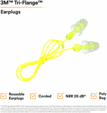3M™ Tri-Flange™ Earplugs P3000, Corded, 400 Pair/Case
