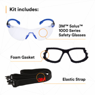 3M™ Solus™ Safety Glasses 1000-Series S1101SGAF-KT, Kit, Foam, Strap, Black/Blue, Clear Scotchgard™ Anti-fog lens, 20 EA/Case