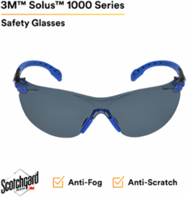 3M™ Solus™ 1000-Series Safety Glasses S1102SGAF, Black/Blue, Grey Scotchgard™ Anti-Fog Lens, 20 EA/Case