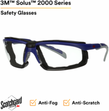 3M™ Solus™ 2000 Series, S2001SGAF-BGR-F, Gray/Blue-Green Temples, Scotchgard™ Anti-Fog Coating, Clear AF-AS lens,Foam Gskt 20ea/cs