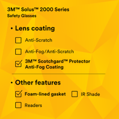 3M™ Solus™ 2000 Series, S2001SGAF-BGR-F, Gray/Blue-Green Temples, Scotchgard™ Anti-Fog Coating, Clear AF-AS lens,Foam Gskt 20ea/cs