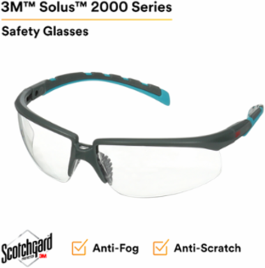 3M™ Solus™ 2000 Series, S2001SGAF-BGR, Gray/Blue-Green Temples, Scotchgard™ Anti-Fog Coating, Clear AF-AS lens, 20ea/cs