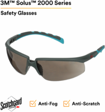 3M™ Solus™ 2000 Series, S2002SGAF-BGR, Gray/Blue-Green Temples, Scotchgard™ Anti-Fog Coating, Gray AF-AS lens, 20ea/cs