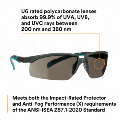 3M™ Solus™ 2000 Series, S2002SGAF-BGR, Gray/Blue-Green Temples, Scotchgard™ Anti-Fog Coating, Gray AF-AS lens, 20ea/cs