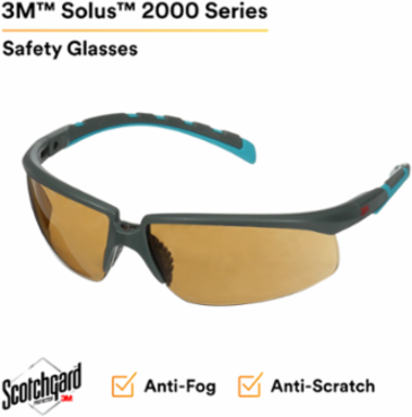 3M™ Solus™ 2000 Series, S2005SGAF-BGR, Gray/Blue-Green Temples, Scotchgard™ Anti-Fog Coating, Brown AF-AS lens, 20ea/cs