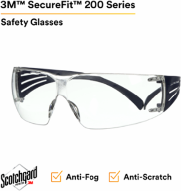 3M™ SecureFit™ 200 Series SF201SGAF-BLU, Blue Temples, Clear Scotchgard™ Anti-Fog Lens, 20 ea/Case