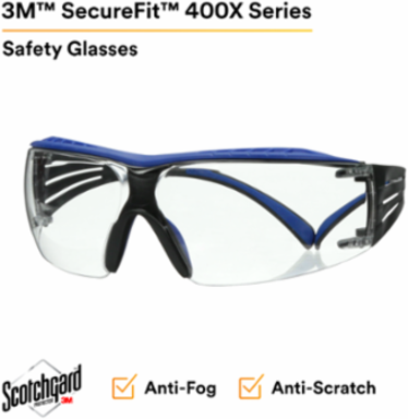 3M™ SecureFit™ 400 Series Safety Glasses SF401XSGAF-BLU, Blue/Gray, Clear Scotchgard™ Anti-Fog/Anti-Scratch Lens, 20 ea/Case