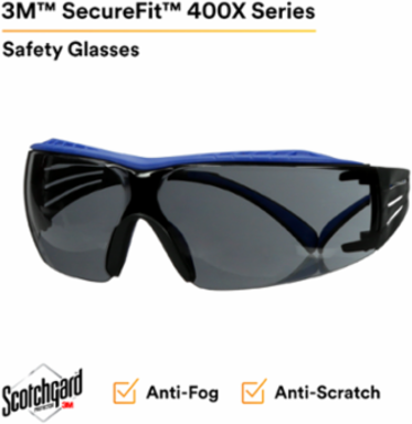 3M™ SecureFit™ 400 Series Safety Glasses SF402XSGAF-BLU, Blue/Gray, Gray Scotchgard™ Anti-Fog/Anti-Scratch Lens, 20 ea/Case