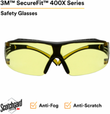 3M™ SecureFit™ 400 Series Safety Glasses SF403XSGAF-YEL, Yellow/Black, Amber Scotchgard™ Anti-Fog/Anti-Scratch Lens, 20 EA/Case