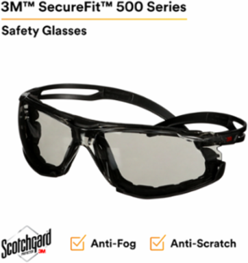 3M™ SecureFit™ 500 Series SF507SGAF-BLK-FM, Black, Scotchgard™ Anti-Fog Coating, IO Gray AF-AS Lns, Fm Gskt, 20 ea/Case