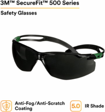 3M™ SecureFit™ 500 Series SF550AF-GRN, Black/Green, IR 5.0 Gray AF-AS Lens, 20 ea/Case