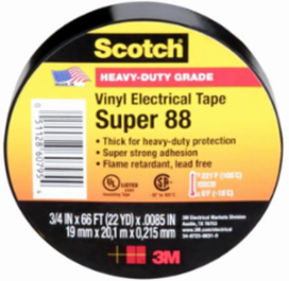SCOTCH VINYL ELECTRICAL TAPE SUPER 88, BLACK, HEAVY DUTY, 8.5 MIL (0.22 MM), 3/4 IN X 66 FT (19.1 MM X 20.1 M)
