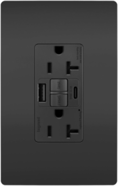 Radiant Tamper-Resistant 20A GFCI Outlet with USB, Black, 1.73 Inch Width, 4.2 Inch Height