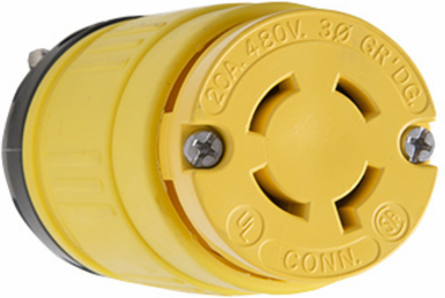 Rubber Dust-Tight NEMA L16-20 Locking Connector 20A 480V, Yellow, 2.14 Inch Width