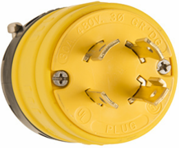 Rubber Dust-Tight Locking Plug, 30 Amp, NEMA L16-30, Yellow, 2.3 Inch Width