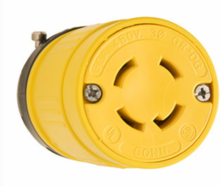 Rubber Dust-Tight Locking Connector, 30A NEMA L16-30, Yellow, 4.04 Inch Length