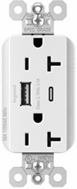 PlugTail® 20A 125V USB Type A/C Outlet, White, 1.45 Inch Depth, 2.677 Inch Height, 1.693 Inch Width