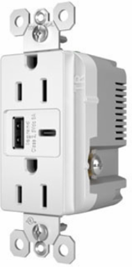 USB Type A/C Tamper-Resistant Outlet, 15A, 1.693 Inch Width, White