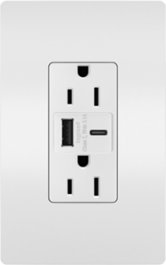 USB Type A/C Tamper-Resistant Outlet, 15A, 1.693 Inch Width, White