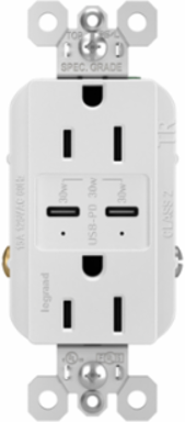 15A Tamper Resistant USB Type-C Outlet, 30W Power, White