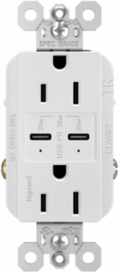 15A Tamper Resistant USB Type-C Outlet, 30W Power, White