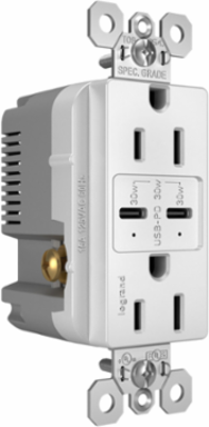 15A Tamper Resistant USB Type-C Outlet, 30W Power, White