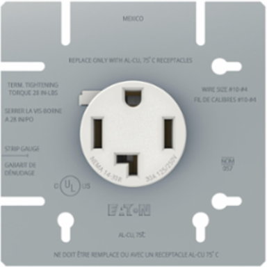 30 Amp 125/250 Volt White Receptacle, UL Listed
