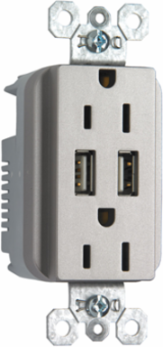 USB Charger with Duplex Tamper-Resistant Receptacle, Nickel, 125V, 15A
