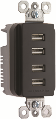 Quad USB Charger, 4 Ports, 4.2A, Slim 1.33 Inch Depth, Black