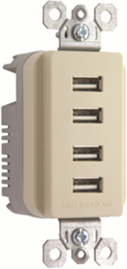 Quad USB Charger 4.2A Capacity, 125V, Ivory, Slim 1.3 Inch Depth