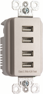Quad USB Charger, Nickel, 4-Device, 4.2A Charging Capacity, Slim 1.3" Depth
