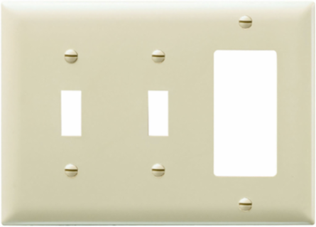 Combination Wall Plate, 3 Gang, 2 Toggle + 1 Decorator, Ivory, Nylon, 4.69 Inch x 6.56 Inch
