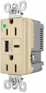 15A 125V Hospital-Grade Tamper-Resistant Duplex Receptacle with USB A/C Ports, 1.425 Inch Depth, Ivory
