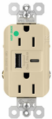 15A 125V Hospital-Grade Tamper-Resistant Duplex Receptacle with USB A/C Ports, 1.425 Inch Depth, Ivory