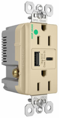 15A 125V Hospital-Grade Tamper-Resistant Duplex Receptacle with USB A/C Ports, 1.425 Inch Depth, Ivory